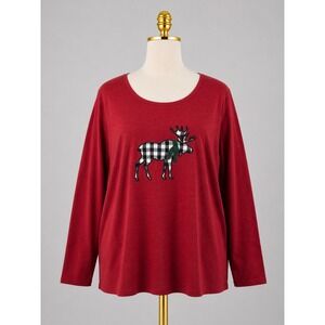 New CJ Banks Moose Graphic Tee Red Buffalo Plaid Holiday Top Plus Size X 0X